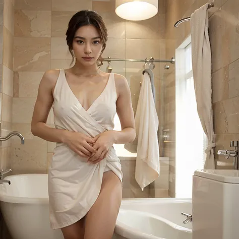 One female supermodel stands in a luxurious, spacious bathroom in a body towel wrap. Photorealistic hands. Detailed fingers. Clearly visible knuckle. Visible creases in wrists and elbows. Five Fingers.