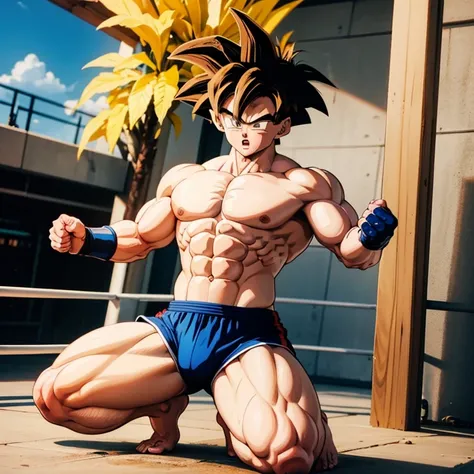 (Eine detaillierte Zeichnung von Son Goku, bodybuilding gym.), shirtless, barefoot, mma, boxing