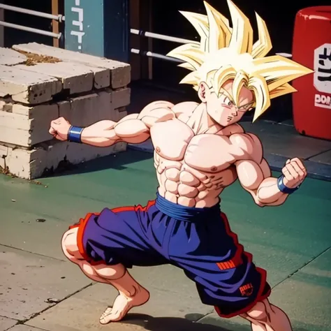 (Eine detaillierte Zeichnung von Son Goku, bodybuilding gym.), shirtless, barefoot, mma, boxing