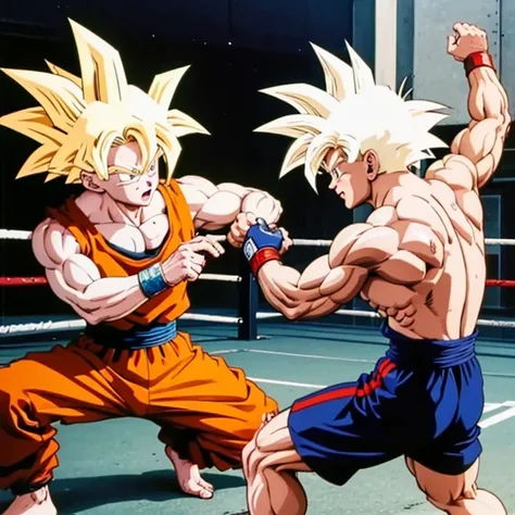 (Eine detaillierte Zeichnung von Son Goku, bodybuilding gym.), shirtless, barefoot, mma, boxing