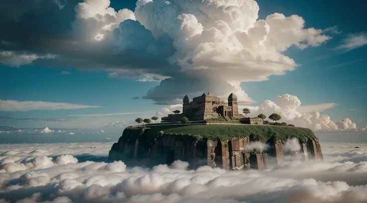 A portrait of an ancient city floating in the sky amidst fluffy clouds.