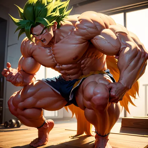 (Eine detaillierte Zeichnung von Son Goku, bodybuilding gym.), shirtless, barefoot