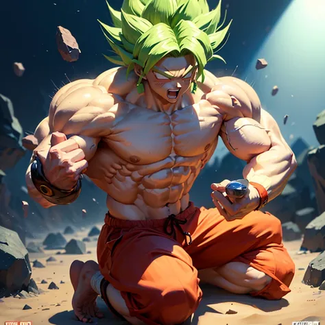 (eine detaillierte zeichnung von son goku, bodybuilding gym.), shirtless, barefoot