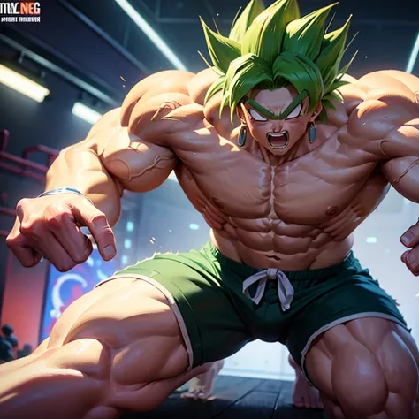 (eine detaillierte zeichnung von son goku, bodybuilding gym.), shirtless, barefoot, mma, boxing