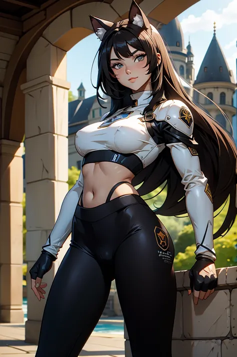 beautiful young female warrior fighter with cat ears on her head, com rosto bem detalhado e bonito, belos olhos, belos olhos, rosto lindo, beautiful young woman wearing long brown leggings with black details, sueter apertado branco, standing in a castle, u...