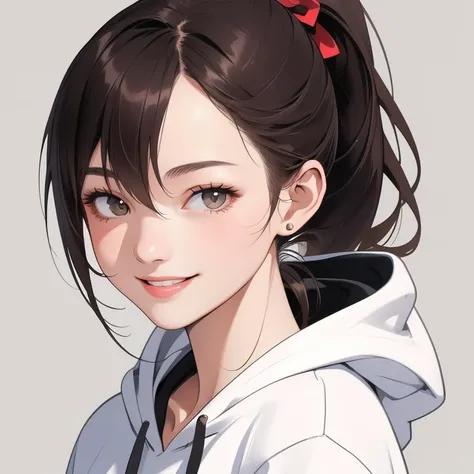 woman,age 20 years old,ponytail,smile,hoodie,portrait,(masterpiece, best quality, highres),