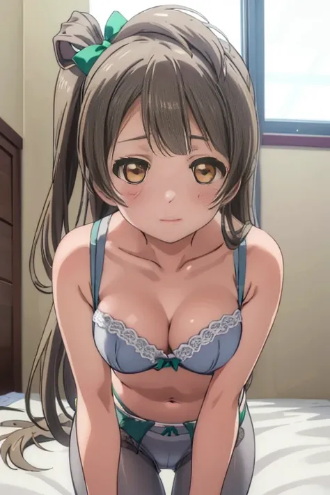 (((pixel perfect, Detail Perfect))), Solo, 1girl in, Minami Kotori, Looking at Viewer, blush, Erotic face，Show Viewer, From below, Focus, Beyond the particles of light, Love hotel bedroom, Gray bra，gray garter belt，Gray underwear，Gray tights，Big breasts，al...