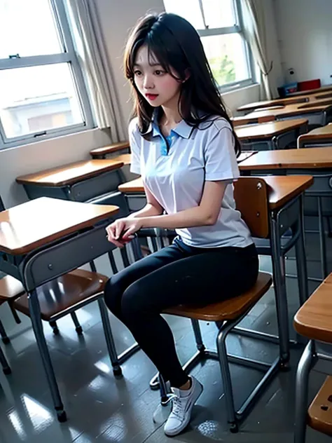 Best quality at best, tmasterpiece, 超高分辨率, realisticlying, The class is full of 13-year-old junior high school girls taking full body photos，Close-up of the crotch，Mushroom hairstyle，Black hair is folded by the light into a beautiful face，Symptoms of urgen...