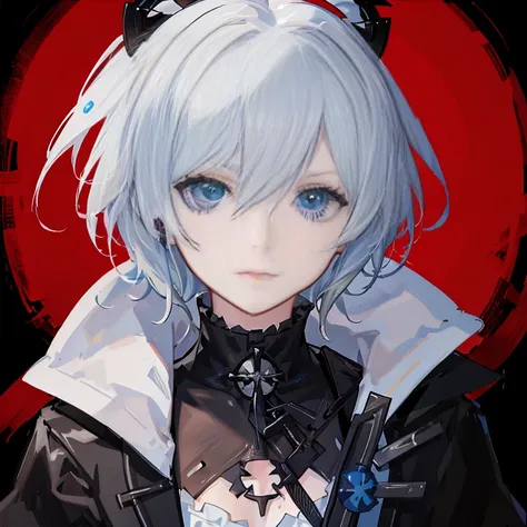 Anime girl with blue eyes and white hair in a black costume, from arknights, Rin, Ayanami, neferpitou, portrait gapmoe yandere grimdark, Hajime Yatate, [[[[gRinning evily]]]], 2b, 2 b, nagito komaeda, mika kurai demon