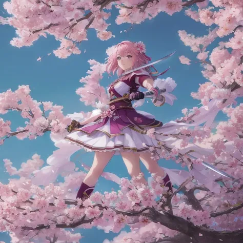 Anime girl in a pink dress holds a sword、standing in a tree, sakura petals around her, Haruno Sakura, clean detailed anime art, sakura season, 2. 5 d cgi anime fantasy artwork, anime fantasy illustration, beautiful fantasy anime, anime fantasy artwork, Ani...