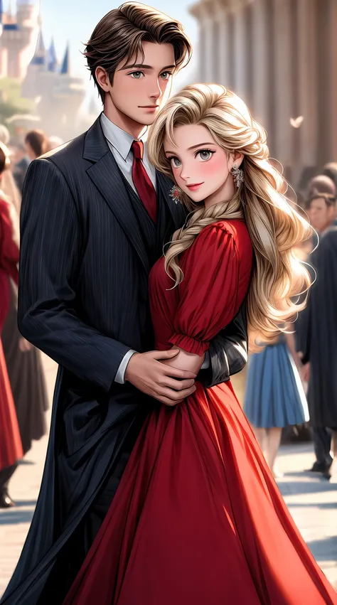 a close up of a man and a woman in a red dress, tangled, animated film, animated movie, in style of disney animation, disney style, disney movie, disney art style, art in the style of disney, animated movie scene, animated movie still, full resolution, ani...