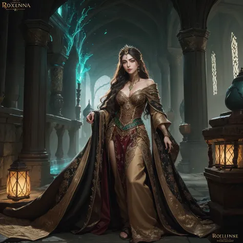 Roxelana, wife of the Ottoman Sultan, full body portrait, beautiful woman, green eyes, long hair, tan skin, a masterpiece, 8k resolution, dark fantasy concept art, dynamic lighting, hyperdetailed, intricately detailed, Splash screen art, trending on Artsta...