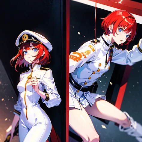 （（（​masterpiece）））、（（（Top image quality）））、（（（top-quality）））、（Illustration of one woman）、30-years old、（Viceroy）、（（Red-haired shorthair））、（Thin hair hanging down both sides of the face）、Blue eyes、（（Tall））、（（Muscle Woman、stocky build、muscular legs、broad shou...