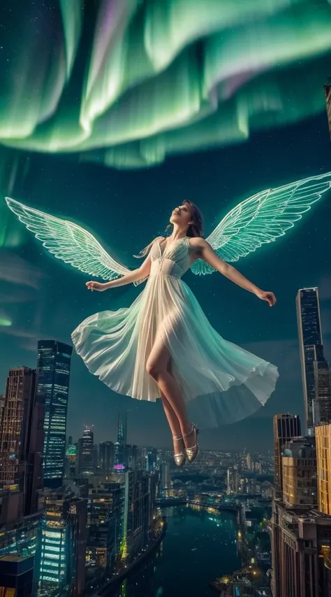 An ethereal woman floating above an ancient, overgrown city, her translucent wings made of shards of stained glass reflecting refracted light from a sky filled with dancing auroras and celestial phenomena.