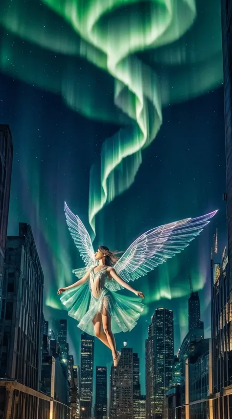 An ethereal woman floating above an ancient, overgrown city, her translucent wings made of shards of stained glass reflecting refracted light from a sky filled with dancing auroras and celestial phenomena.