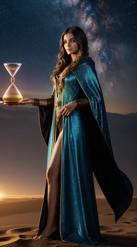 A time-traveling enchantress draped in a cloak that shimmers with the cosmos timeline, holding an hourglass filled not with sand but with stardust, standing at the edge of a temporal rift with reality bending around her.