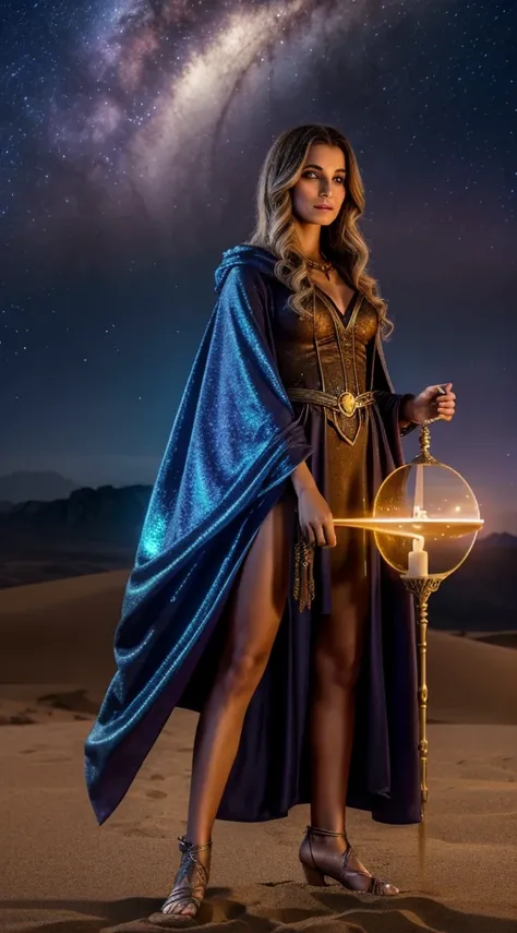 A time-traveling enchantress draped in a cloak that shimmers with the cosmos timeline, holding an hourglass filled not with sand but with stardust, standing at the edge of a temporal rift with reality bending around her.