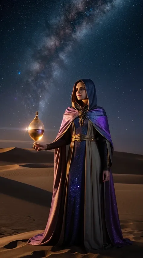 A time-traveling enchantress draped in a cloak that shimmers with the cosmos timeline, holding an hourglass filled not with sand but with stardust, standing at the edge of a temporal rift with reality bending around her.