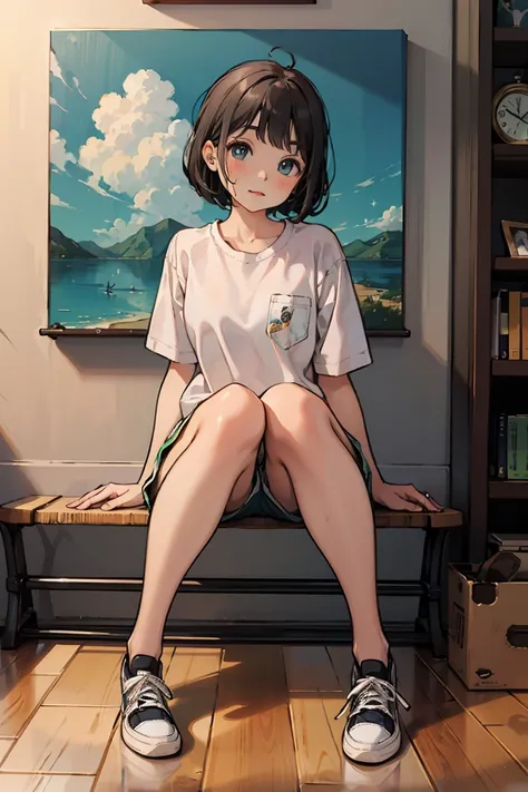 best quality, masterpiece, cutepainting, girl, short hair, shirt, shorts, shoes, grace sitting, full body