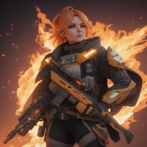 woman with gun and fire in hand, unreal engine render + goddes, unreal engine character art, 3 d render character art 8 k, solar flare unreal engine, unreal 5 engine highlly render, fantasy style 8 k octane render, small character. unreal enginee 5, sci fi...