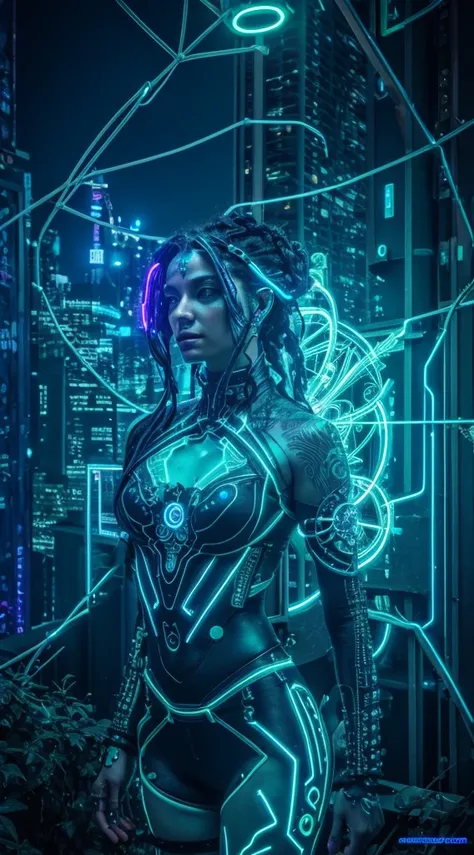 A cyberpunk-inspired goddess merging technology and nature, her body adorned with bioluminescent tattoos, circuits intertwining with vines, and a neural interface glowing beneath her skin, overlooking a cityscape blending neon lights with organic elements.