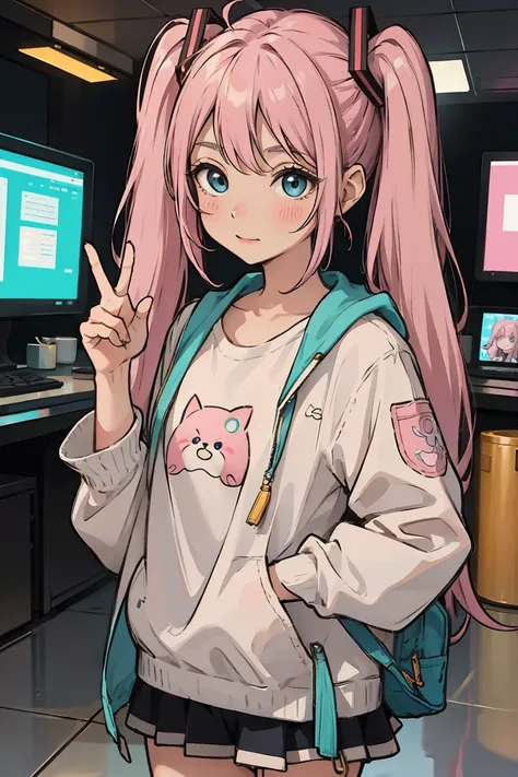 (best quality, masterpiece1.8), cutepainting,likely art, a girl with pink hair and blue eyes, pink twintail hair and cyan eyes, hatsune miku face, live2d virtual youtuber model, tiktok 4 k uhd image, 3d anime girl, anime girl desktop background, anime wall...