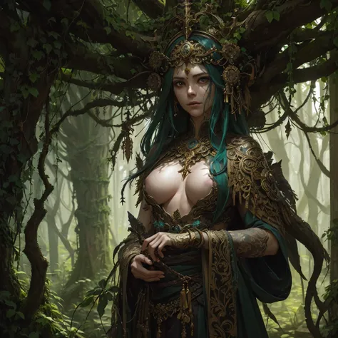 temple priestess, Dark_Forest background. ivy framing, druidic motifs. soft lighting, sharp focus, influenced by Marc Simonetti, Yoji Shinkawa, WLOP. Paint drops, rough edges, intricate details, trending Artstation. Studio photo, highly detailed