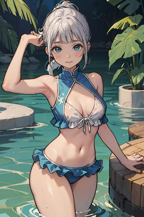 (best quality, masterpiece1.8), cutepainting, a woman in a bathing suit in the water, wet swimsuit, is wearing a swimsuit, water armor, blue scales covering her chest, in water up to her shoulders, stands in a pool of water, swimsuit, scales covering her c...