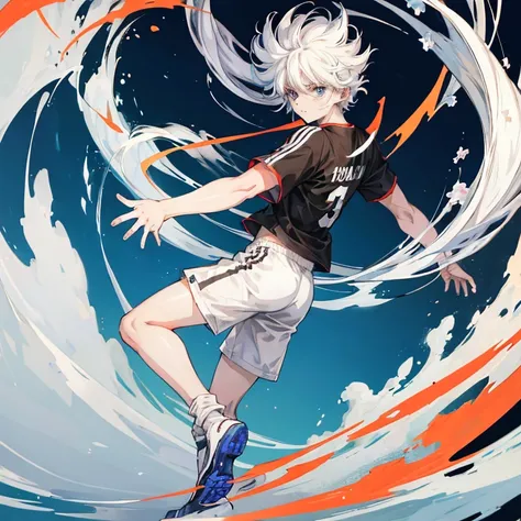 killua zoldyck crackter anime, white hair, blue eyes, playing soccer on the field, wearing a black soccer shirt with the number 10 on the back, wearing shorts