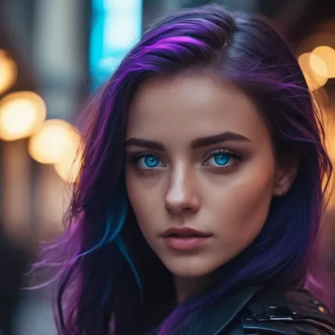 Close-up of woman with purple hair and blue eyes, Мечтательная девушка with Cyberpunk style, bright cyberpunk glow, Красивое лицо девушки with Cyberpunk style, Красивая девушка with Cyberpunk style, Портрет девушки with Cyberpunk style, Красивая модель жен...