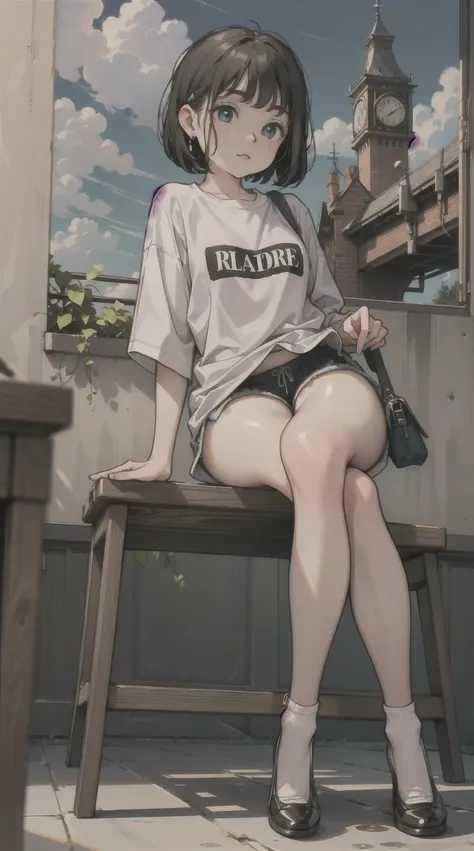 best quality, masterpiece, cutepainting, girl, short hair, shirt, shorts, shoes, grace sitting, full body