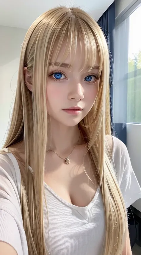 shiny, Beautiful white skin、Hair color changes with light、Bangs between eyes obstruct vision、cheek gloss highlights、Sexy and very beautiful, Nice, kawaii, gorgeous faces、The most beautiful face in the world、The most beautiful super long blonde hair in the ...