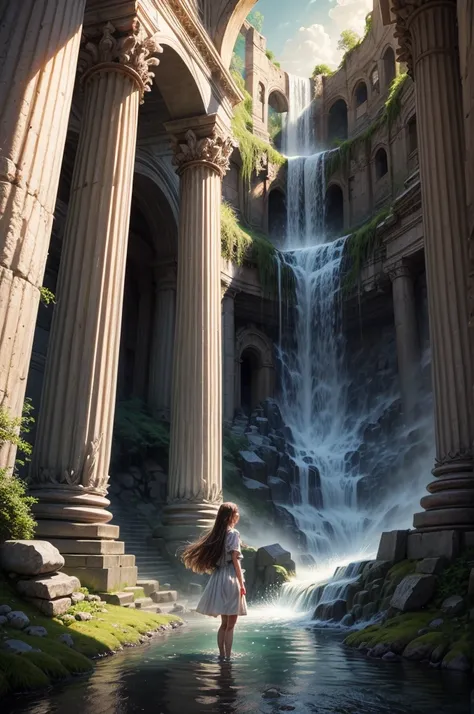 "Magical encounter, young girl, ancient ruins, enchanting waterfall, vivid mushrooms, ethereal beauty, painterly details"