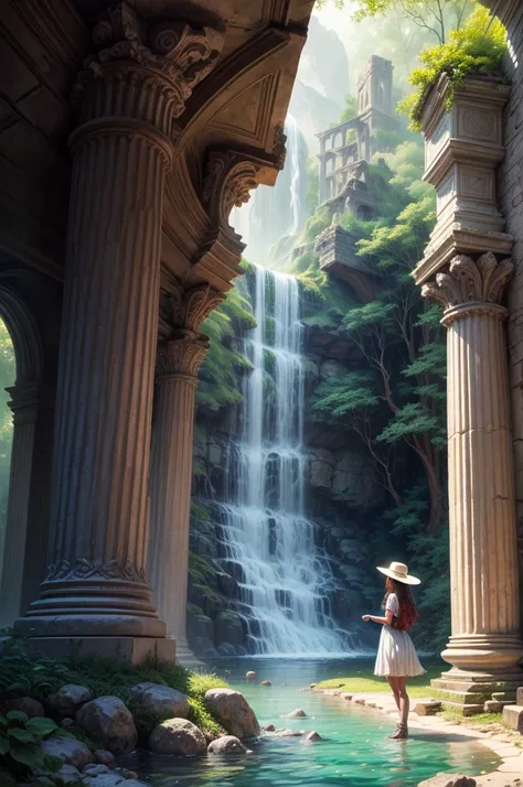 "Magical encounter, young girl, ancient ruins, enchanting waterfall, vivid mushrooms, ethereal beauty, painterly details"