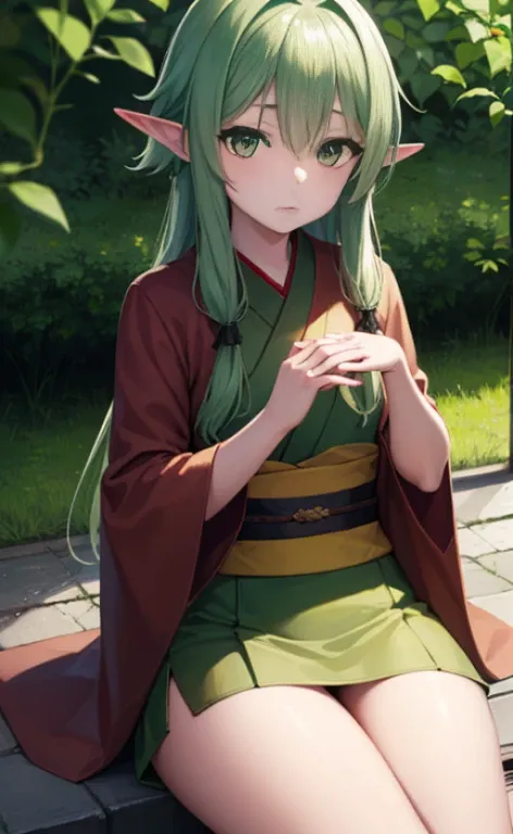 highelfarcher, high elf archer, elf, (Green eyes:1.5), Green hair, hair between eye, Long hair, pointy ear, side lock rat chest:1.2),
green kimono，a miniskirt，Black socks up to the calf，ショートブーツ
BREAK looking at viewer,
BREAK outdoors, Nature, forest,
BREAK...