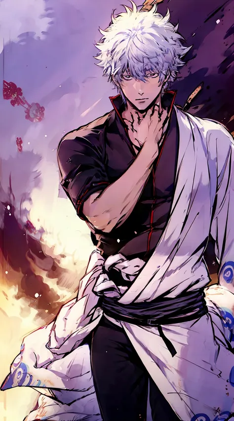 (gintoki sakata,gintama),1young man, male photo, eat parfait,best quality, masterpiece, ultra detailed