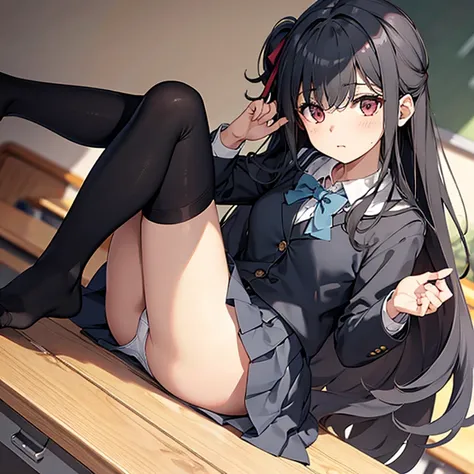 School Uniform,Skirt,Thigh,Panty Shot,White Panty,Open Legs,School,sitting on the desk,take your feet off the desk,looking-down,Fluffy jacket