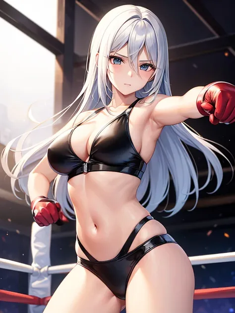 A female version of Sephiroth is a sexy boxing girl modeling as an angel practices her fighting skills alone in a boxing ring wearing tight boxing gear and boxing gloves