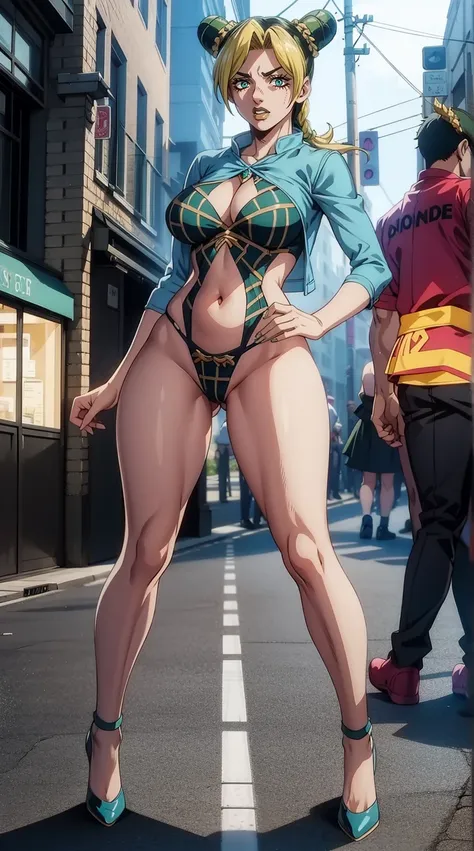 jolyne anime, wearing crazy transparent sexy outfit, silk outfit, lace outfit, lashed, bizarre outfit, see through outfit, wide ...