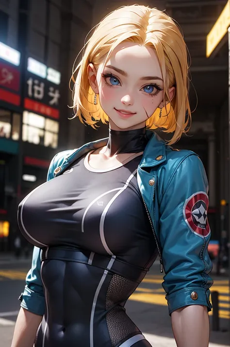 cammy 6 ,1girl , solo , tank top , yoga pant, abs, short hair , blonde hair , open jacket ,blue eyes , outdoor , standing , smile , happy , upper body , scar on cheeks ,gloves,