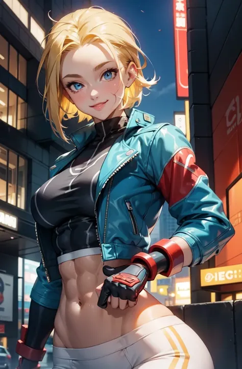 cammy 6 ,1girl , solo , tank top , yoga pant, abs, short hair , blonde hair , open jacket ,blue eyes , outdoor , standing , smile , happy , upper body , scar on cheeks ,gloves,