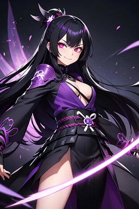 long black hair, purple glowing eyes, evil smile, black samurai armor, purple aura, katana sword