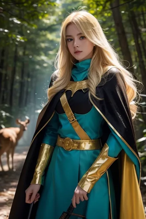 young woman with very long blonde hair, golden and turquoise eye color, black bandit outfit with a cape and hunting a deer in a dark forest