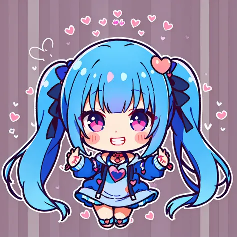 masutepiece, Best Quality, 1 boy, Solo, Blue hair, Blunt bangs, ((short twintails)), Peach stared., Black hoodie,  heart, ((Big heart)), (((Smiling))), Leaning forward, ((raise two hands))