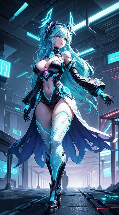 A tech-savvy femme fatale, her form embellished with glowing, bioluminescent implants and circuitry, walking along a bridge made of intertwined, luminescent fractal patterns that connect two colossal megastructures pulsating with energy in a dystopian city...