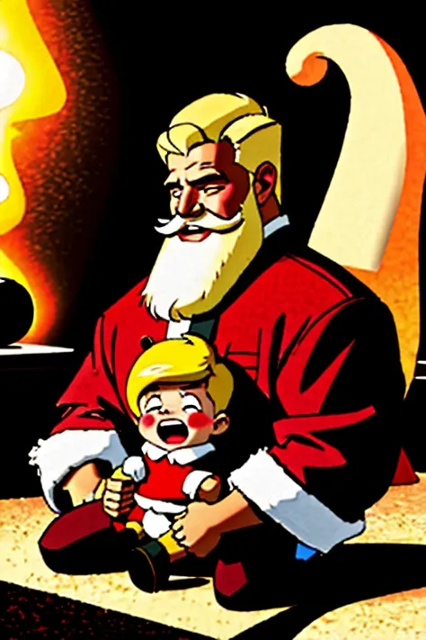 (2 persons), 1 Santa Claus laughing looking to this poor kid crying (1kid), Christmas presents burnin in the background