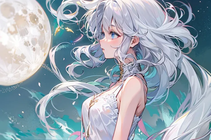 1girl, solo, super fine illustration, an extremely delicate and beautiful woman, medium breasts, ultra detailed white dress, sleeveless dress, zoomed out, dreamlike art, ultra detailed landscape, best quality, silver hair, short hair, blue eyes, horns, cut...