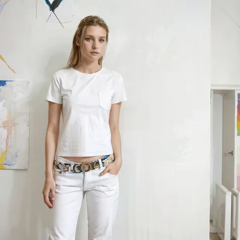 female supermodel stands beside abstract, wall art in an art studio. white t-shirt and white jeans. abstract. funky