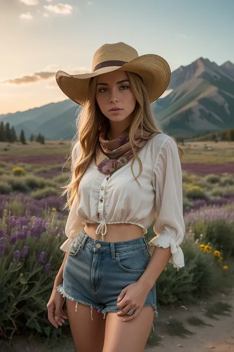 Primer plano, una escena occidental, A beautiful lone blonde woman standing next to a split fence in a flower filled meadow in the Sawtooth Mountains in Idaho as the sun sets; Wear shorts, falda de material rugoso, top scarf, senos grandes, sin sombrero, P...