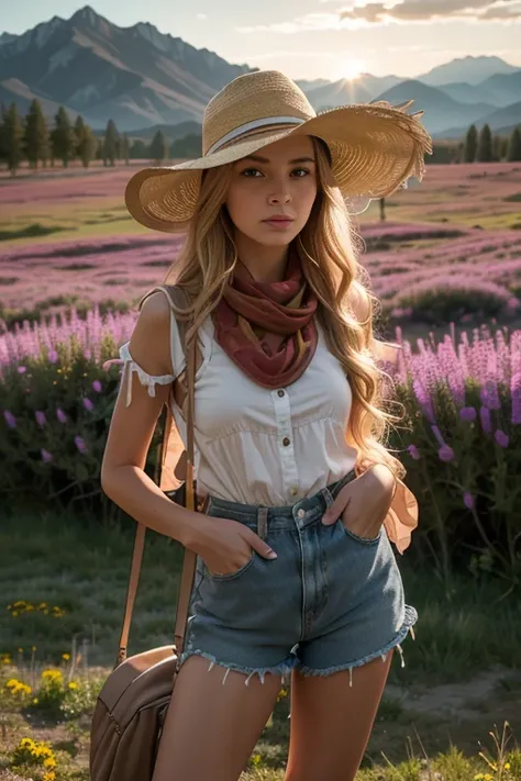 Primer plano, una escena occidental, A beautiful lone blonde woman standing next to a split fence in a flower filled meadow in the Sawtooth Mountains in Idaho as the sun sets; Wear shorts, falda de material rugoso, top scarf, senos grandes, sin sombrero, P...